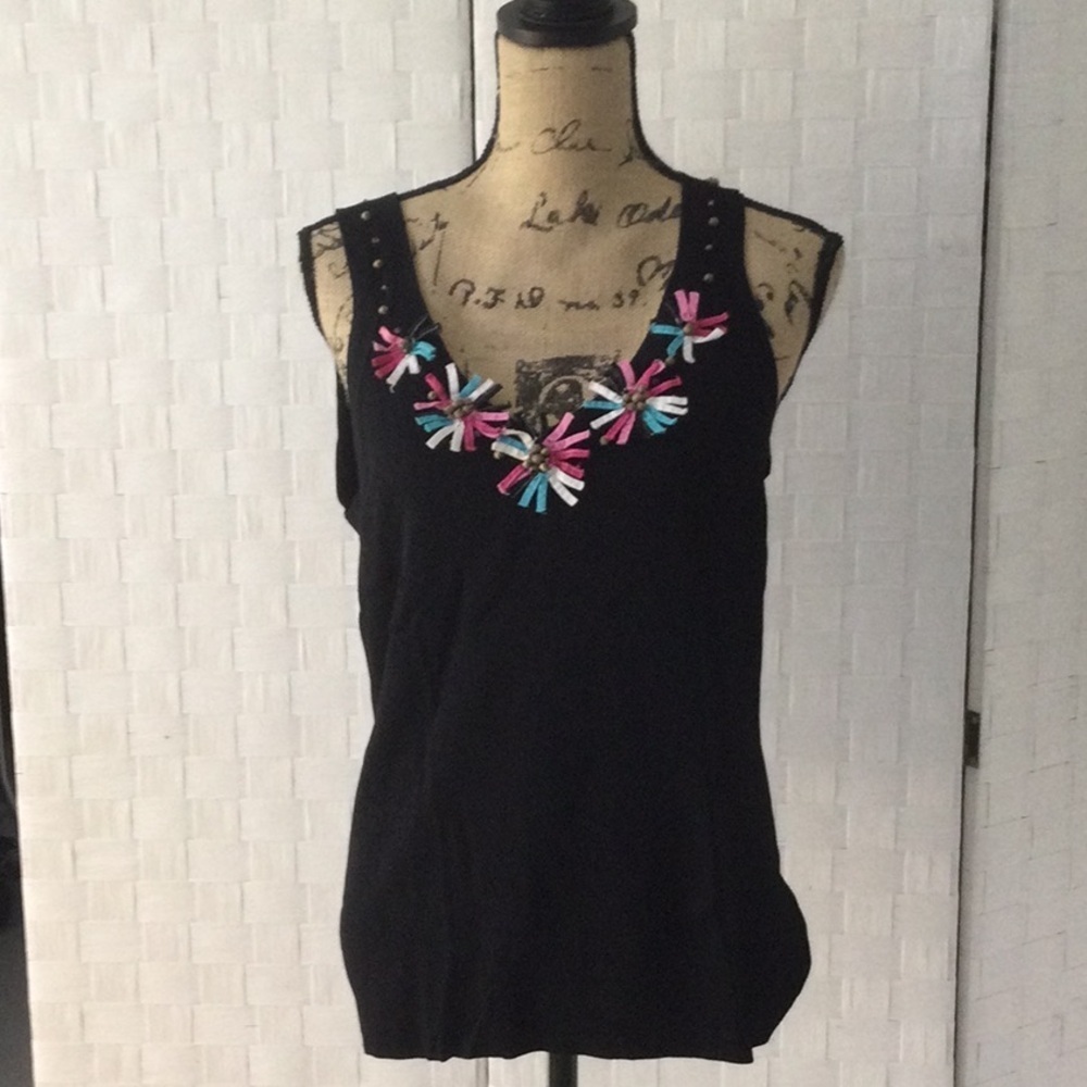 Woman’s Black Sleeveless Top with Colorful Embellishments. #326